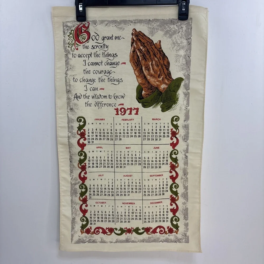 1977 Vtg Hanging Calendar Tea Towel Praying Hands Serenity Prayer God Grant‎ Me